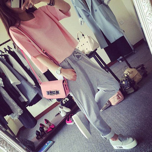 Pink T-Shirt Gray Harem Pants Two-Piece Set Women Casual Knitted Sportswear Short Sleeve Solid Color Splicing Style - Product Image 2