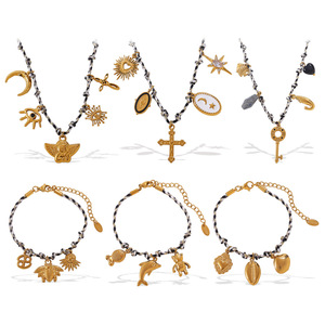 Fashion Charm Bracelets Set 18K Gold Plated Multi Element <b>Cross</b> Design Unisex Jewelry Black Rope <b>Chain</b> Style - Product Image 5