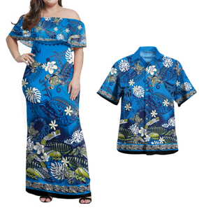 Vestido largo y camisa con hombros descubiertos combinados hawaianos personalizados Polinesia Floral y Islas tribales - Product Image 1