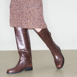 Metal Buckles Top Wide Shoes Flat Heels Knight Long <b>Boots</b> Women's Wide Fit Knee High Patchwork Round Toe Booties - Product Image 2