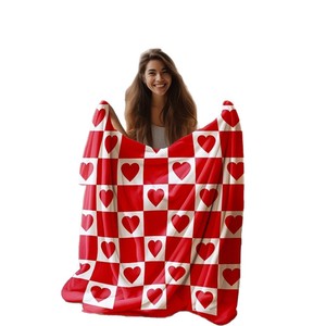 Red White Heart Checkered Plush Throw <b>Blanket</b> Rectangular Modern Style Home Use Four Seasons Warm Cozy Cover - Product Image 4