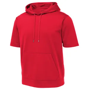 Mens Deep Red 100% polyester Tag-free label Front pouch pocket Short Sleeve summer Hooded Pullover Hoodie