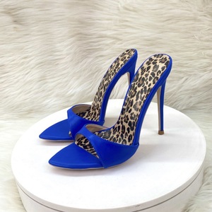 Ladies Summer Blue High <b>Heel</b> Sandals New Design Mule Shoes Pumps 12cm <b>Slippers</b> for Women Slip-On Closure <b>With</b> Leopard Sole - Product Image 1