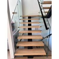 Escalier minimaliste en acier à poutre unique avec marches en verre flottantes personnalisées et poutre centrale pour la maison