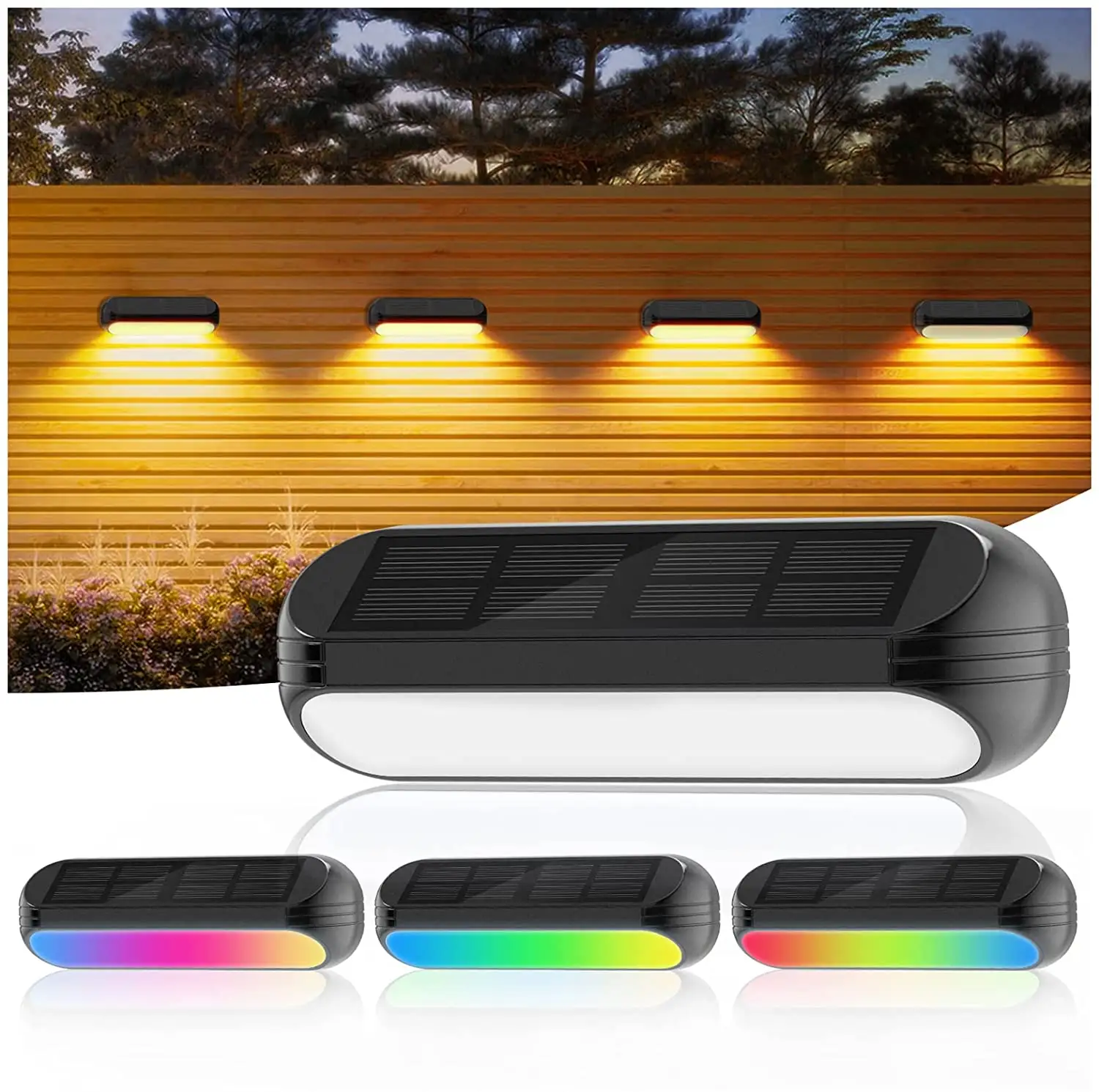 Luces de valla Solar para exteriores, Lámpara decorativa de cubierta Solar, impermeable, color blanco cálido y RGB, 6 paquetes