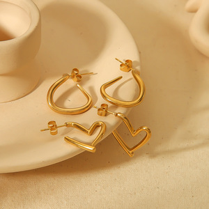 Pendientes de aro en forma de corazón de acero inoxidable, chapados en oro de 18k, diseño geométrico de moda para mujer, joyería de regalo. - Product Image 1