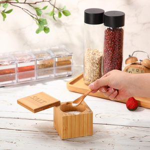 Contenitore per Sale in Bambù, Organizzatore per Spezie, Utensili da Cucina, Scatola per Spezie in Bambù, Contenitore per Sale in Bambù con Coperchio Girevole Magnetico e Cucchiaio - Product Image 3