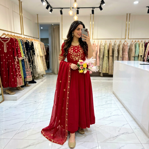 Traje Anarkali Rojo Bordado Hasta el Suelo con Dupatta, Vestido de Boda Tradicional Indio Pakistaní para Mujer - Product Image 1