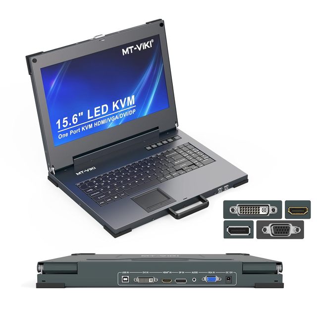 MT-VIKI 4K LCD KVM Console Single-Port with DP/HDMI/DVI/VGA Input Interface, Portable 15.6'' KVM Console for Rack Servers