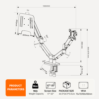 Support double moniteur pour ordinateur portable Khcoohoo, capacité de charge 9 kg, inclinaison réglable, support de moniteur à ressort à gaz 90°, noir, acier laminé à froid