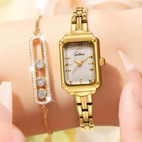 Jam Tangan Mini Emas Mewah dengan Dial Persegi Panjang untuk Wanita Retro Elegan Diameter Dial 19mm Gerakan Kuarsa
