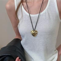 Nouveau Collier Long Plissé en Corde Noire en Forme de Cœur Élégant pour Femme, Chaîne de Pull Réglable en Laiton Plaqué Argent, Idéal Cadeau
