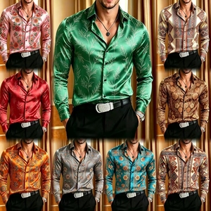 Chemise en soie satinée pour homme, imprimé floral tropical, manches longues, boutonnée, chemise de mariage - Product Image 5