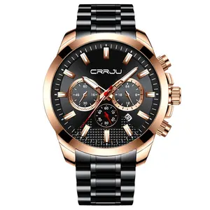 热卖CRRJU 2286计时手表男士手表不锈钢经典商务玻璃珍珠石英手表圆扣手表