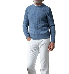 काई क्यूई कपड़े शरद ऋतु और सर्दियों में पुरुषों के लिए हल्की नीली लंबी आस्तीन वाली क्रूनेक स्वेटर, केबल बुना हुआ स्वेटर