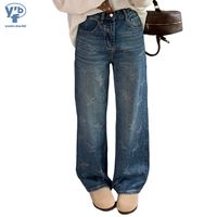 Jean baggy droit à jambe large pour femme YUANBOFEI, taille haute, en denim bleu, amincissant, en coton doux, pour le quotidien