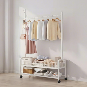 Minimalist <b>Standing</b> <b>Clothing</b> <b>Rack</b> with Wheels Double Tier Metal Storage Holder for Wardrobe Multifunctional Design - Product Image 2