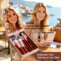 Ensemble de 14 pinceaux de maquillage portables de voyage avec miroir lumineux LED, poils synthétiques, pinceaux cosmétiques pour le visage, vente en gros sous marque privée
