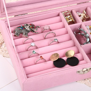 Caja de joyería de terciopelo con 9 compartimentos para guardar anillos, pendientes, collares, rosa, gris, blanco, 20x15x5cm - Product Image 4