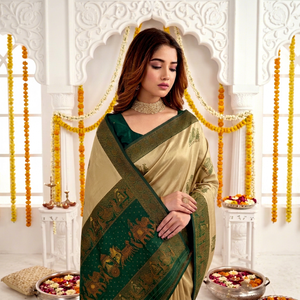 Sari en soie vert beige AARA Fashion avec motif éléphant, protection solaire, pour mariage, tenue traditionnelle, longueur ras du sol pour femme - Product Image 1