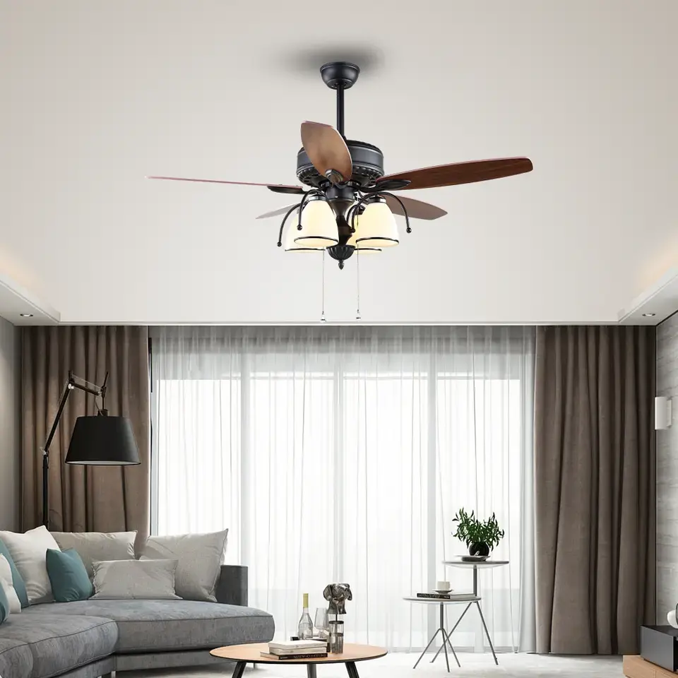 Ventilateur en bois antique personnalisé 52 ''ventilateur de plafond de haute qualité ventilateur de plafond à faible bruit avec lumière