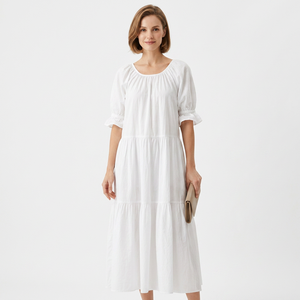 Robe midi 100 % coton pour femme, faite à la main, simple, naturelle, col rond, manches courtes bouffantes, été, unie, décontractée, respirante, coupe trapèze, lavable - Product Image 1