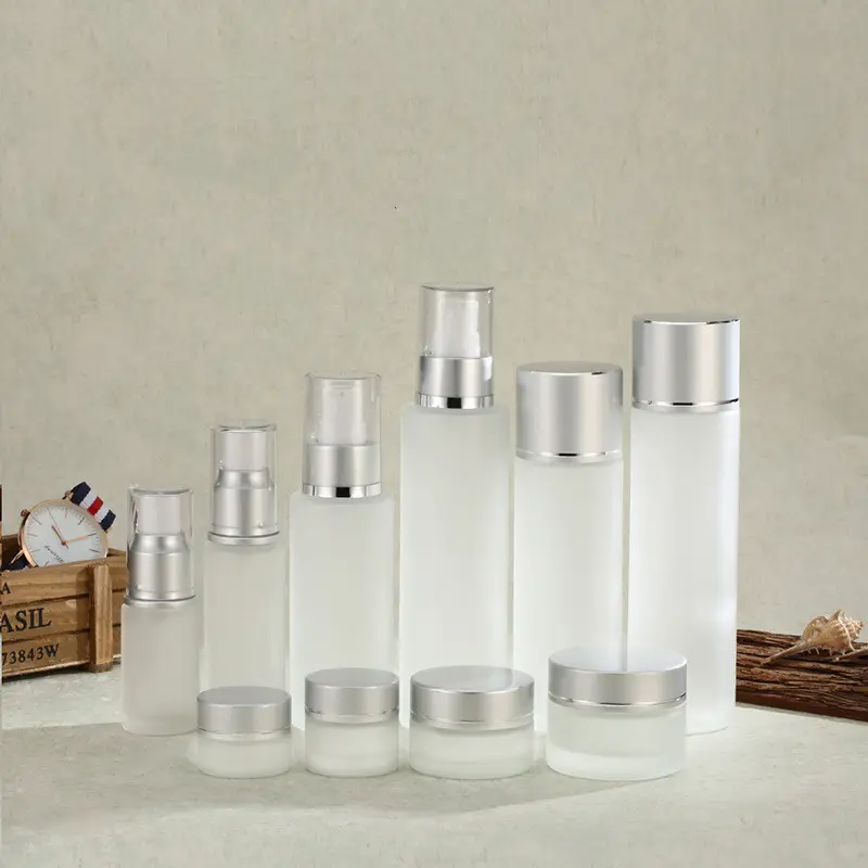 20ml 30ml 50ml 80ml 100ml 120ml frosted cosmetics glass bottle packing and 5g 10g 20g 30g 50g cream jar with UV silver lid
