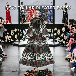 Túnica de Verano con Cuello de Lazo para Vestido Midi Plisado para Mujer, Manga Farol, Estampado Impreso, Encaje, Sostenible, Transpirable, Lavable - Product Image 2