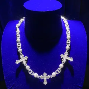 Hochwertige Micro Pave Moissanite Vollbogen Diamantkreuz kubanische Gliederkette Halskette für Herren