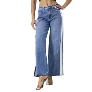 Ladies Slit Hem Wide Leg Design Loose Mom Denim Fabric Pants Fashion Women High Waist Blue Boyfriend Jeans