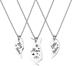 Conjunto de colar de coração para mãe, irmã e filha, 3 peças, joia de aço inoxidável para presente