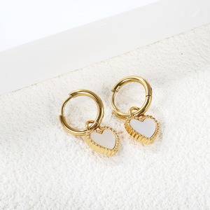 Heart Shaped Huggie <b>Earrings</b> <b>Gold</b> Plated Stainless Steel White Seashell Inlay Fashion <b>Dangle</b> <b>Earrings</b> For Women - Product Image 3