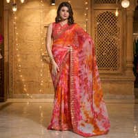 Magnífico Sari de Chifón Rosa con Estampado Digital para Mujer, Incluye Blusa con Lentejuelas y Bordado con Hilo, Ideal para Bodas y Fiestas