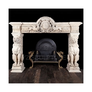 Manteau de cheminée en marbre blanc, sculpture sur pierre personnalisée, cheminée française ouverte avec statue de Lion assis, prix de gros - Product Image 1