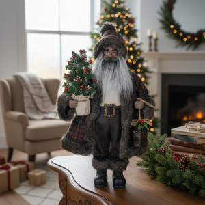 Figura <span class=keywords><strong>de</strong></span> Papá Noel Negro con Abrigo <span class=keywords><strong>de</strong></span> Piel y Mini <span class=keywords><strong>Linterna</strong></span> <span class=keywords><strong>de</strong></span> Árbol para Decoración Inclusiva en el Hogar y la Escuela - Product Image 3