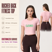 Haut de sport froncé pour femme à manches courtes avec bonnets intégrés, T-shirt de sport pour femme, tenue de gym et yoga, vêtements de sport féminins, logo personnalisé