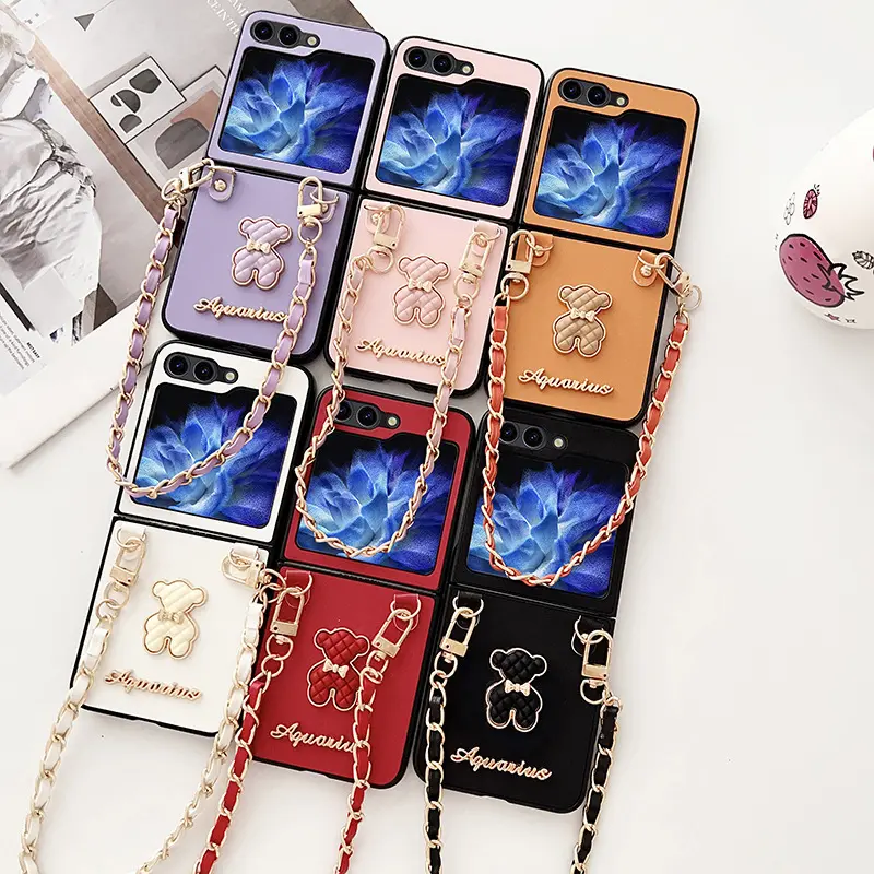 Fashionable lambskin diamond plaid leather cover with phone strap Leather phone case for Samsung Z Flip 5 Flip 4