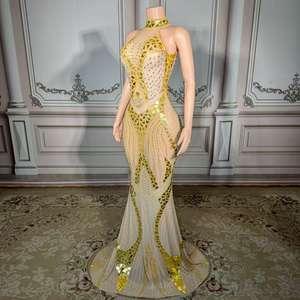 <span class=keywords><strong>Vestido</strong></span> Maxi Elegante y Sexy de Chifón con Pedrería y Hombros Descubiertos ZD - Dorado Brillante Transpirable para Fiestas, Banquetes y Cumpleaños - Product Image 3