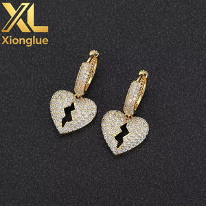 Hop <b>Real</b> Gold With Bling <b>Crystal</b> Zircon Rap Heartbreak Earrings Pendant for Women Men - Product Image 1