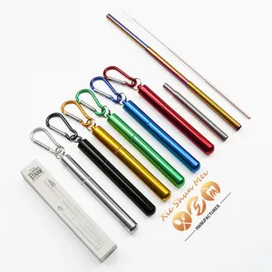 Có Thể Gập Lại Tái Sử Dụng Thép Không Gỉ Uống Rơm Keychain Với Trường Hợp Nhà Máy Của Ráp Telescopic Kim Loại Rơm Di Động