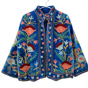 Blue Velvet Knitted Embroidered Bomber Jacket Floral Pattern Mandarin Collar Full Sleeve Breathable Wool Autumn <b>Winter</b> Style - Product Image 3
