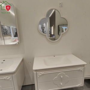 Modern Cream White Bathroom Vanity with Four-leaf Clover LED <b>Mirror</b> and Carved Storage Drawers Floating Bathroom Cabinet - Product Image 4