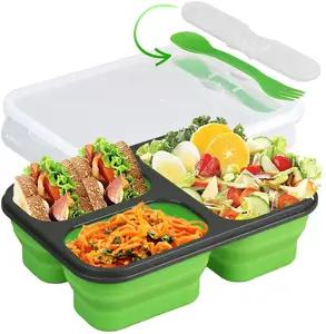 Boîte à déjeuner Bento en Silicone pliable écologique, 3 compartiments sans BPA, conteneur de stockage des aliments avec couvercles pour enfants