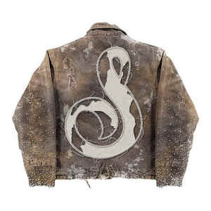 Veste en jean vintage décontractée d'hiver sur mesure OEM pour hommes, style streetwear délavé au soleil, broderie, détail en strass, léopard - Product Image 4