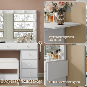 Coiffeuse avec prise <span class=keywords><strong>de</strong></span> courant, bureau <span class=keywords><strong>de</strong></span> toilette avec miroir et lumières LED, plateau en verre, ensemble <span class=keywords><strong>de</strong></span> coiffeuse, table à langer avec panneau rabattable - Product Image 4