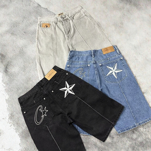 Shorts en jean décontractés coupe droite style rétro déchiré <span class=keywords><strong>Corteiz</strong></span> pour l'été, avec broderie étoile, et veste à cinq points avec boutons - Product Image 2