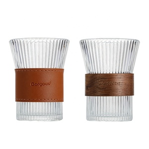 Tasses en verre côtelé de 320 ml avec bande en cuir, verrerie en verre borosilicate de haute qualité, magnifiques tasses à boire pour bar à domicile - Product Image 1