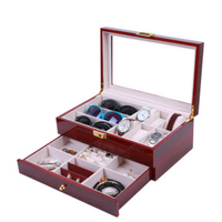 Boîte de rangement pour lunettes de soleil et bijoux pour homme en cuir grain de bois rouge, 1 ou 2 niveaux, avec fenêtre en verre, pour bagues et colliers