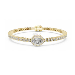 Pulsera de tenis con halo ovalado de diamantes East West, con centro de diamantes cultivados en laboratorio en oro amarillo, elegante joyería nupcial. - Product Image 1