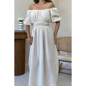 Vestido de Lino Beige con Hombros Descubiertos, Cintura Elástica, Corte Holgado, Transpirable, Ropa Casual - Product Image 2